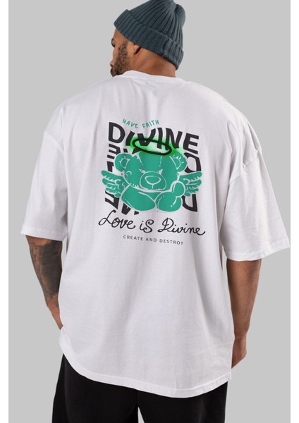 Love Is Divine Bear Arka Baskılı Beyaz Oversize T-Shirt Erkek Kadın Bisiklet Yaka