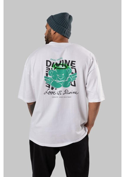 Love Is Divine Bear Arka Baskılı Beyaz Oversize T-Shirt Erkek Kadın Bisiklet Yaka fiyatları