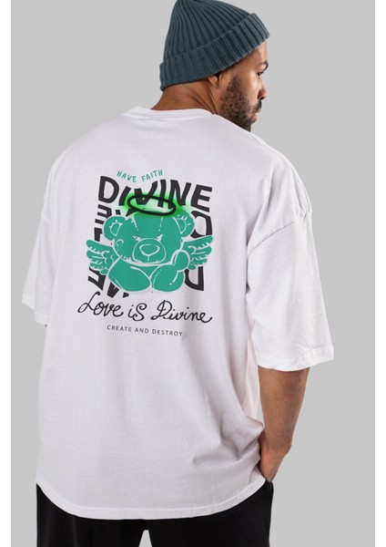 Love Is Divine Bear Arka Baskılı Beyaz Oversize T-Shirt Erkek Kadın Bisiklet Yaka modelleri