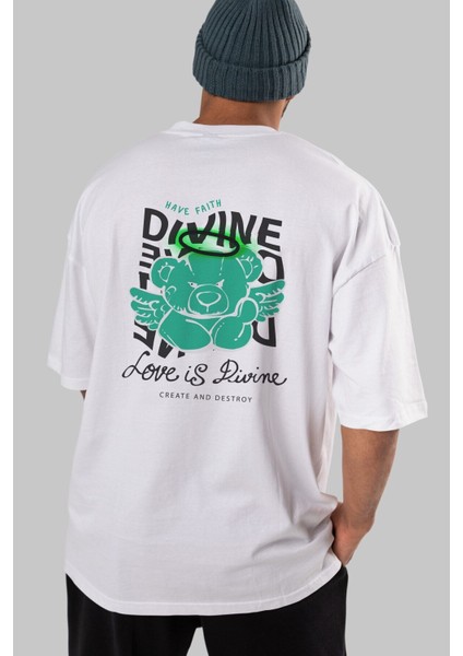 Love Is Divine Bear Arka Baskılı Beyaz Oversize T-Shirt Erkek Kadın Bisiklet Yaka fırsatları