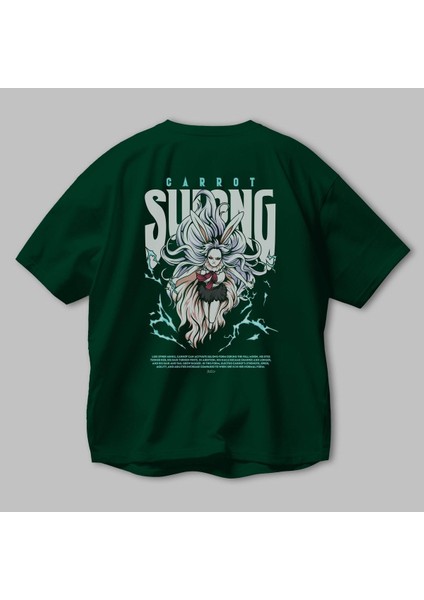 Carrot Sulong Anime Arka Baskılı Zümrüt Yeşili Oversize T-Shirt Pamuk Erkek Kadın modelleri