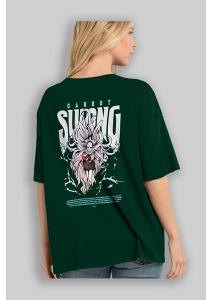 Carrot Sulong Anime Arka Baskılı Zümrüt Yeşili Oversize T-Shirt Pamuk Erkek Kadın fırsatları