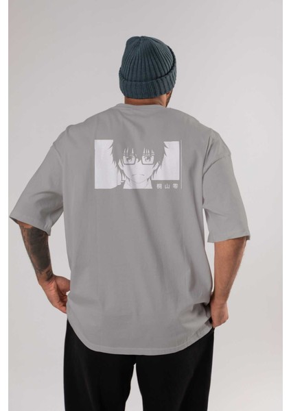 Rei Kiriyama 3 Anime Arka Baskılı Gri Oversize T-Shirt %100 Pamuk Erkek Kadın