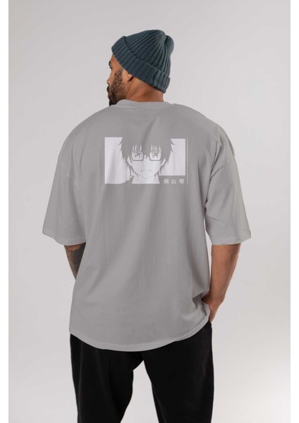 Rei Kiriyama 3 Anime Arka Baskılı Gri Oversize T-Shirt %100 Pamuk Erkek Kadın fırsatları
