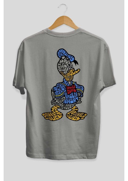 Donald Arka Baskılı Gri Oversize T-Shirt Unisex Erkek Kadın Bisiklet Yaka fiyatları