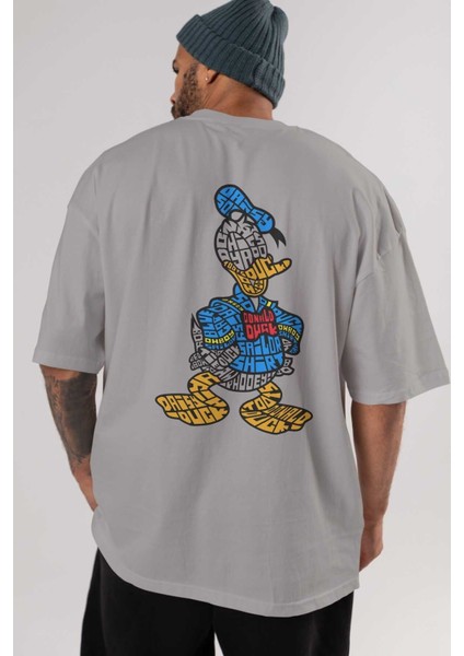 Donald Arka Baskılı Gri Oversize T-Shirt Unisex Erkek Kadın Bisiklet Yaka indirimleri
