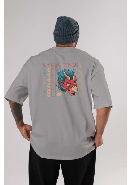 Karasu Tengu Arka Baskılı Gri Oversize T-Shirt Unisex Erkek Kadın Bisiklet Yaka