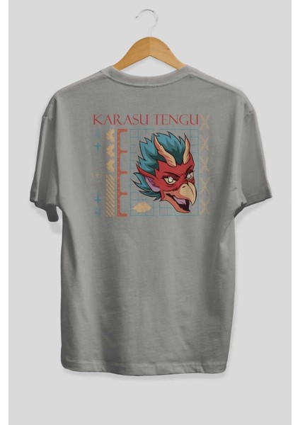 Karasu Tengu Arka Baskılı Gri Oversize T-Shirt Unisex Erkek Kadın Bisiklet Yaka fiyatları