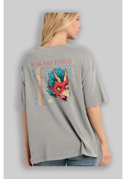 Karasu Tengu Arka Baskılı Gri Oversize T-Shirt Unisex Erkek Kadın Bisiklet Yaka modelleri