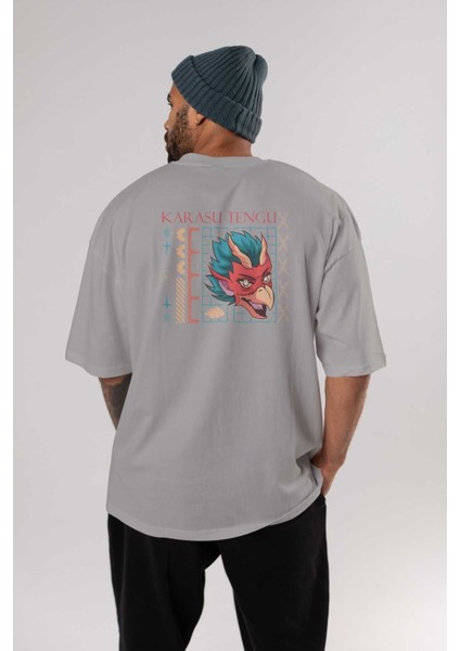 Karasu Tengu Arka Baskılı Gri Oversize T-Shirt Unisex Erkek Kadın Bisiklet Yaka fırsatları