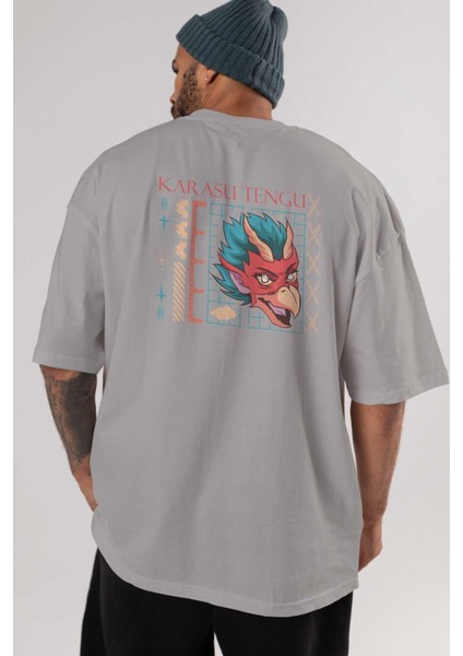 Karasu Tengu Arka Baskılı Gri Oversize T-Shirt Unisex Erkek Kadın Bisiklet Yaka indirimleri