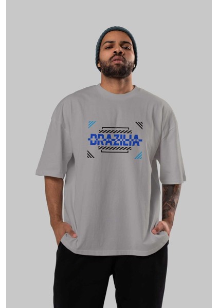 Brazilia Ön Baskılı Gri Oversize T-Shirt Unisex Erkek Kadın Bisiklet Yaka indirimleri