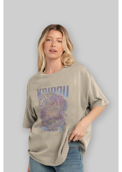Kaıdou One Pıece Anime Ön Baskılı Bej Oversize T-Shirt Erkek Kadın modelleri