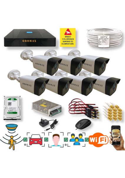 7 Kameralı Set - Yapay Zeka Özellikli Gece Görüşlü 5 MP Sony Lensli FullHD Güvenlik Kamerası Seti 5136-9008