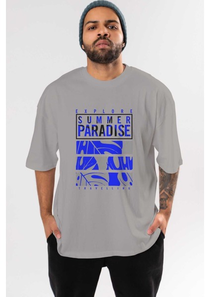 Summer Paradise Ön Baskılı Gri Oversize T-Shirt Unisex Erkek Kadın Bisiklet Yaka