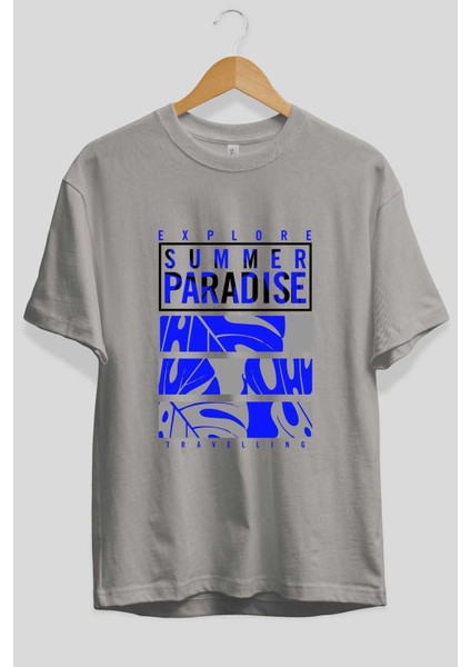 Summer Paradise Ön Baskılı Gri Oversize T-Shirt Unisex Erkek Kadın Bisiklet Yaka fiyatları