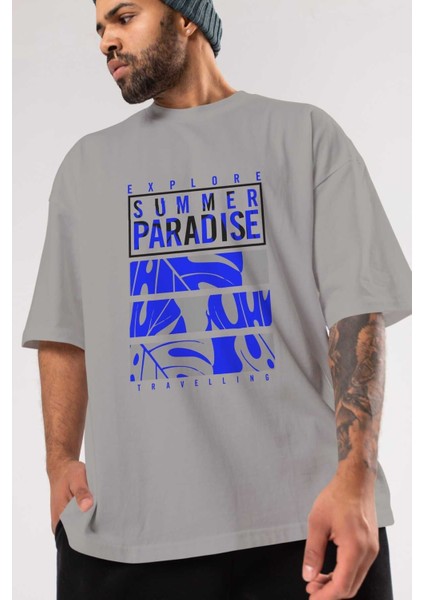 Summer Paradise Ön Baskılı Gri Oversize T-Shirt Unisex Erkek Kadın Bisiklet Yaka modelleri