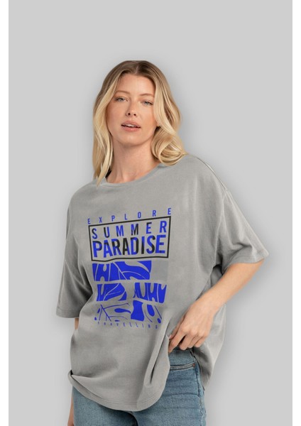 Summer Paradise Ön Baskılı Gri Oversize T-Shirt Unisex Erkek Kadın Bisiklet Yaka fırsatları