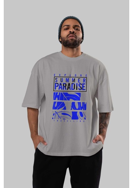 Summer Paradise Ön Baskılı Gri Oversize T-Shirt Unisex Erkek Kadın Bisiklet Yaka indirimleri