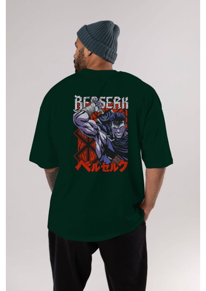 Guts Berserk Anime Arka Baskılı Zümrüt Yeşili Oversize T-Shirt Pamuk Erkek Kadın indirimleri