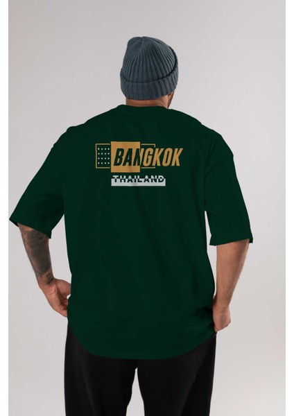 Bangkok Arka Baskılı Zümrüt Yeşili Oversize T-Shirt Unisex Erkek Kadın Bisiklet Yaka