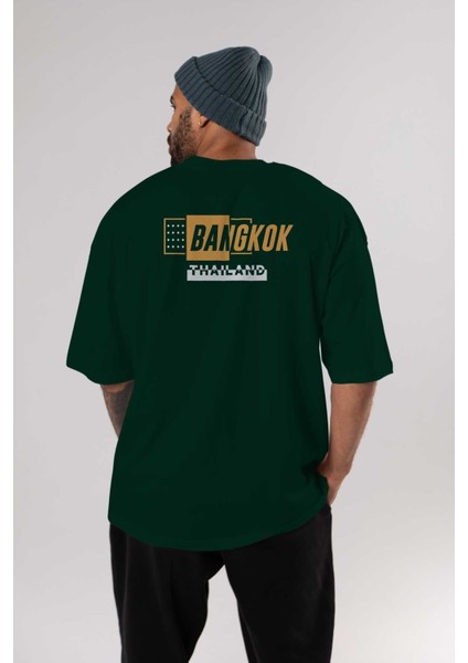 Bangkok Arka Baskılı Zümrüt Yeşili Oversize T-Shirt Unisex Erkek Kadın Bisiklet Yaka indirimleri