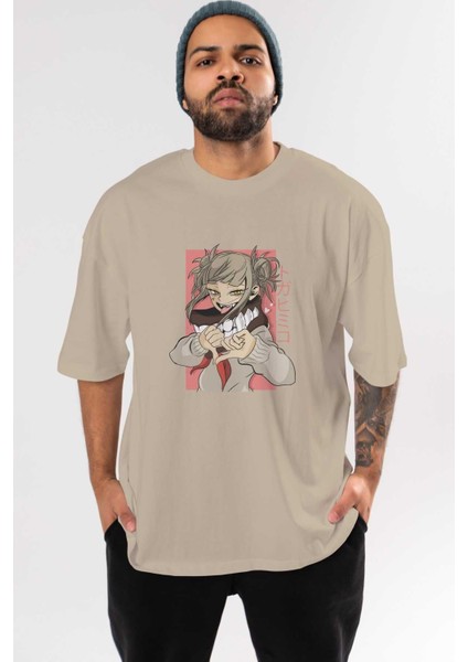 Himiko Toga Anime Ön Baskılı Bej Oversize T-Shirt Erkek Kadın