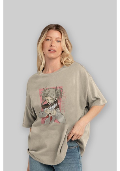 Himiko Toga Anime Ön Baskılı Bej Oversize T-Shirt Erkek Kadın modelleri
