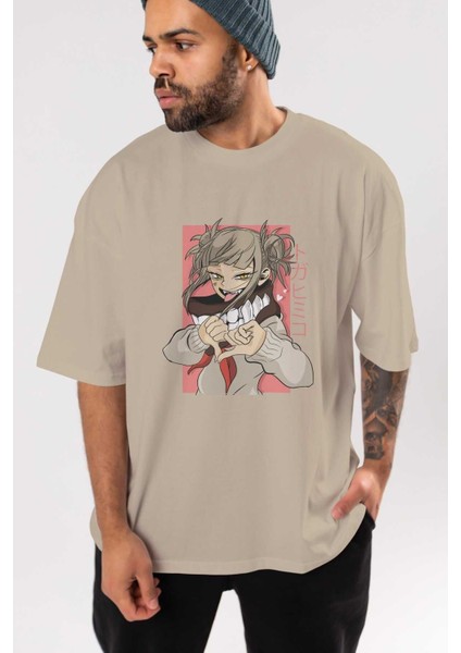 Himiko Toga Anime Ön Baskılı Bej Oversize T-Shirt Erkek Kadın indirimleri