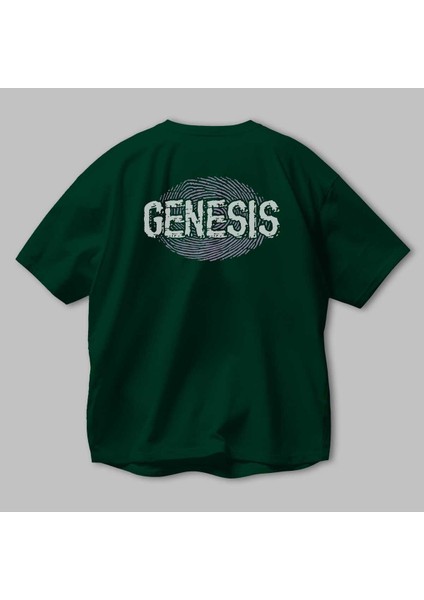 Genesis Arka Baskılı Zümrüt Yeşili Oversize T-Shirt Unisex Erkek Kadın Bisiklet Yaka modelleri
