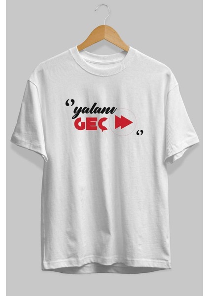 Yalanı Geç Ön Baskılı Beyaz Oversize T-Shirt Erkek Kadın Bisiklet Yaka fiyatları