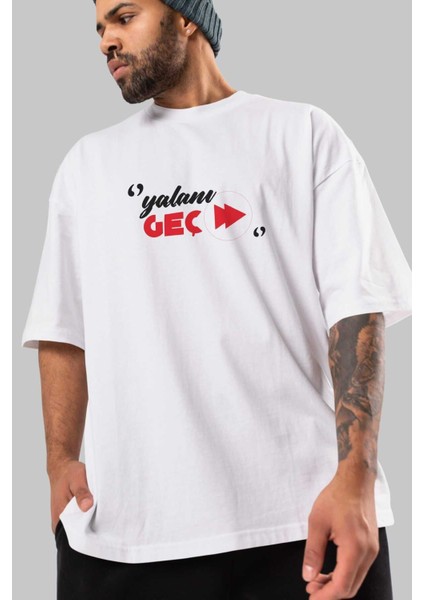 Yalanı Geç Ön Baskılı Beyaz Oversize T-Shirt Erkek Kadın Bisiklet Yaka modelleri