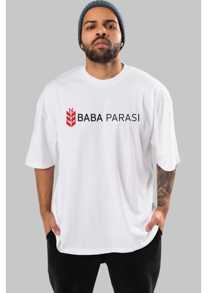 Baba Parası Ön Baskılı Beyaz Oversize T-Shirt Erkek Kadın Bisiklet Yaka