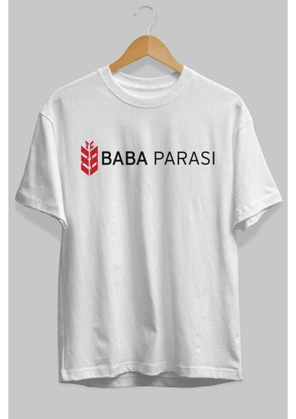 Baba Parası Ön Baskılı Beyaz Oversize T-Shirt Erkek Kadın Bisiklet Yaka fiyatları