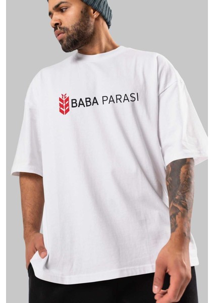 Baba Parası Ön Baskılı Beyaz Oversize T-Shirt Erkek Kadın Bisiklet Yaka modelleri