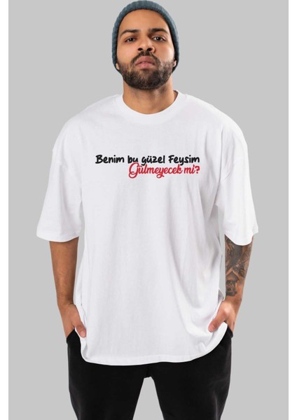 Benim Bu Güzel Feysim Ön Baskılı Beyaz Oversize T-Shirt Erkek Kadın Bisiklet Yaka