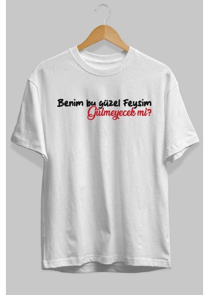 Benim Bu Güzel Feysim Ön Baskılı Beyaz Oversize T-Shirt Erkek Kadın Bisiklet Yaka fiyatları