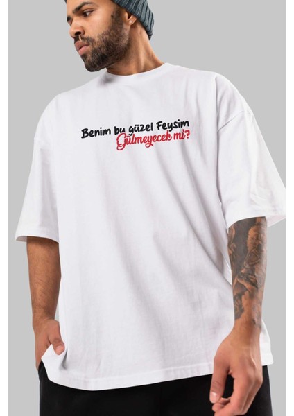 Benim Bu Güzel Feysim Ön Baskılı Beyaz Oversize T-Shirt Erkek Kadın Bisiklet Yaka modelleri
