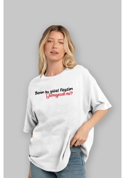 Benim Bu Güzel Feysim Ön Baskılı Beyaz Oversize T-Shirt Erkek Kadın Bisiklet Yaka fırsatları