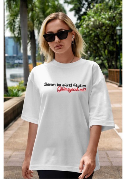 Benim Bu Güzel Feysim Ön Baskılı Beyaz Oversize T-Shirt Erkek Kadın Bisiklet Yaka indirimleri