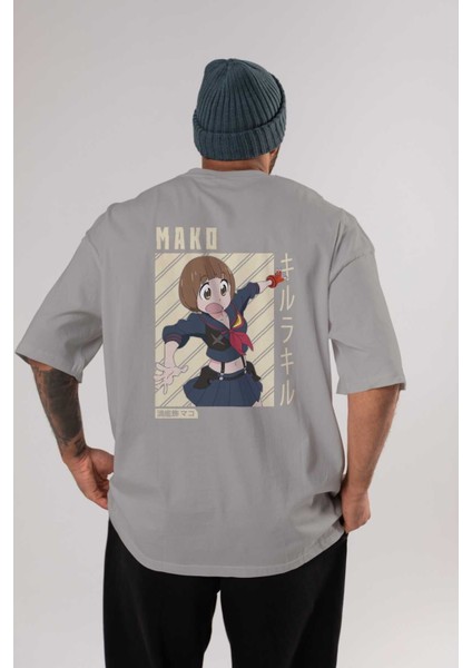 Mako Mankanshoku 1 Anime Arka Baskılı Gri Oversize T-Shirt %100 Pamuk Erkek Kadın