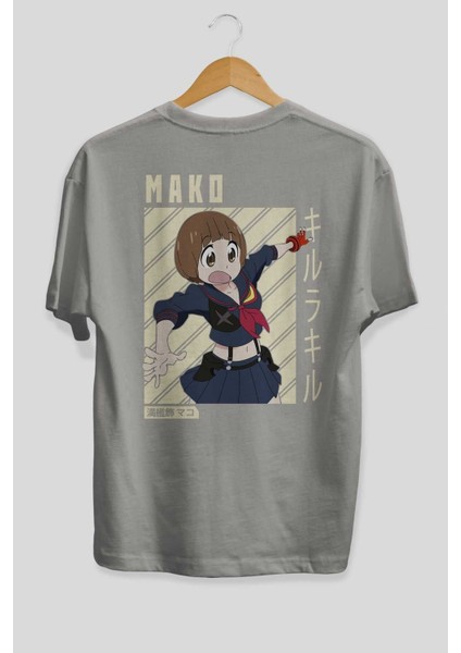 Mako Mankanshoku 1 Anime Arka Baskılı Gri Oversize T-Shirt %100 Pamuk Erkek Kadın fiyatları