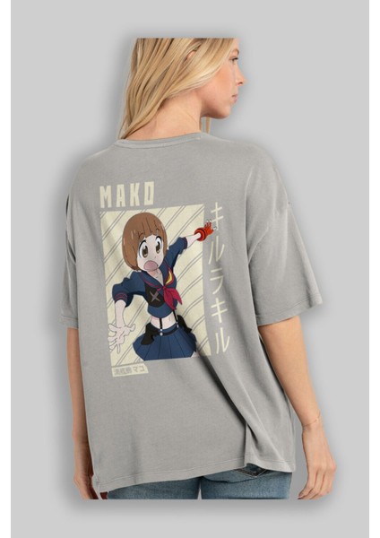 Mako Mankanshoku 1 Anime Arka Baskılı Gri Oversize T-Shirt %100 Pamuk Erkek Kadın modelleri