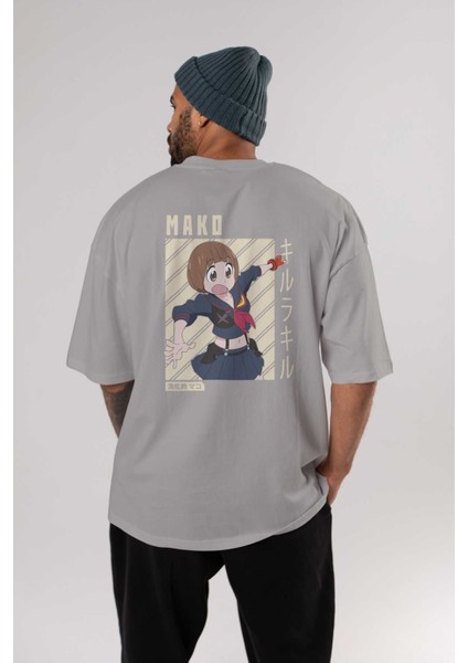 Mako Mankanshoku 1 Anime Arka Baskılı Gri Oversize T-Shirt %100 Pamuk Erkek Kadın fırsatları