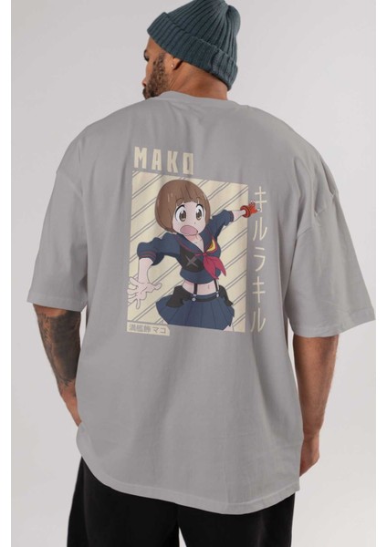 Mako Mankanshoku 1 Anime Arka Baskılı Gri Oversize T-Shirt %100 Pamuk Erkek Kadın indirimleri
