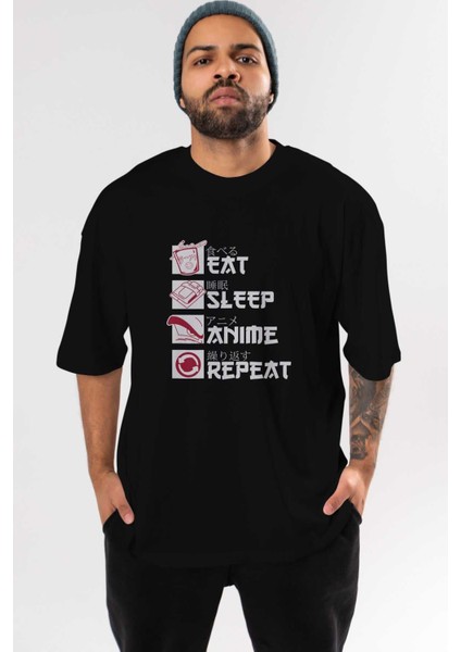 Eat, Sleep, Anime, Repeat Anime Ön Baskılı Siyah Oversize T-Shirt Erkek Kadın