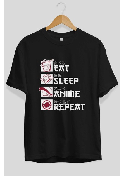 Eat, Sleep, Anime, Repeat Anime Ön Baskılı Siyah Oversize T-Shirt Erkek Kadın fiyatları