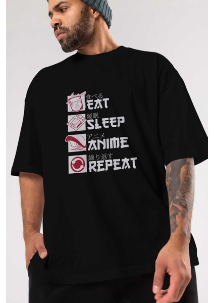 Eat, Sleep, Anime, Repeat Anime Ön Baskılı Siyah Oversize T-Shirt Erkek Kadın modelleri