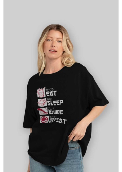 Eat, Sleep, Anime, Repeat Anime Ön Baskılı Siyah Oversize T-Shirt Erkek Kadın fırsatları