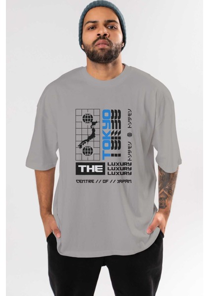 The Luxury Centre Japan Ön Baskılı Gri Oversize T-Shirt Unisex Erkek Kadın Bisiklet Yaka